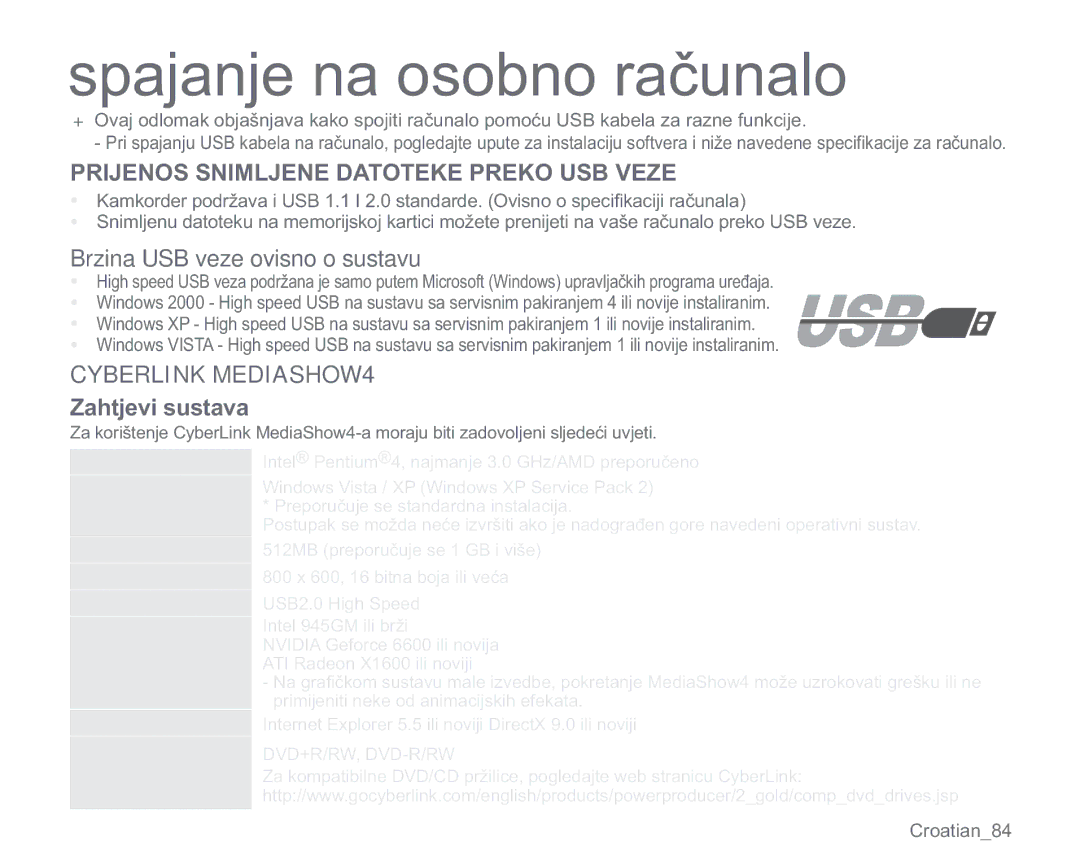 Samsung VP-MX20R/EDC, VP-MX20/EDC, VP-MX20C/EDC manual 35,-12661,0/-1$727.35.286%9=, Brzina USB veze ovisno o sustavu 