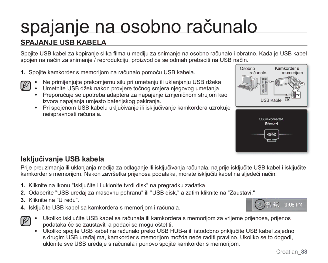 Samsung VP-MX20L/EDC manual Spajanje USB Kabela, VNOMXþLYDQMH86%NDEHOD, Izvora napajanja umjesto baterijskog pakiranja 