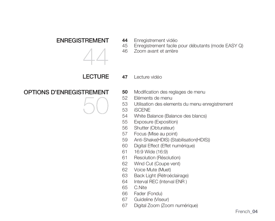 Samsung VP-MX20/EDC, VP-MX20R/EDC, VP-MX20C/EDC manual Enregistrement, Lecture, French04 