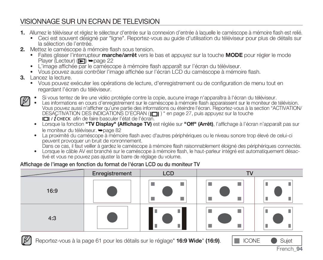 Samsung VP-MX20/EDC, VP-MX20R/EDC, VP-MX20C/EDC manual Visionnage SUR UN Ecran DE Television, French94 