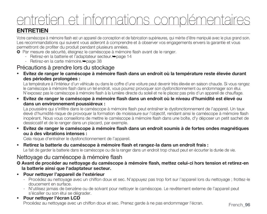 Samsung VP-MX20R/EDC, VP-MX20/EDC manual Précautions à prendre lors du stockage, Nettoyage du caméscope à mémoire ﬂash 