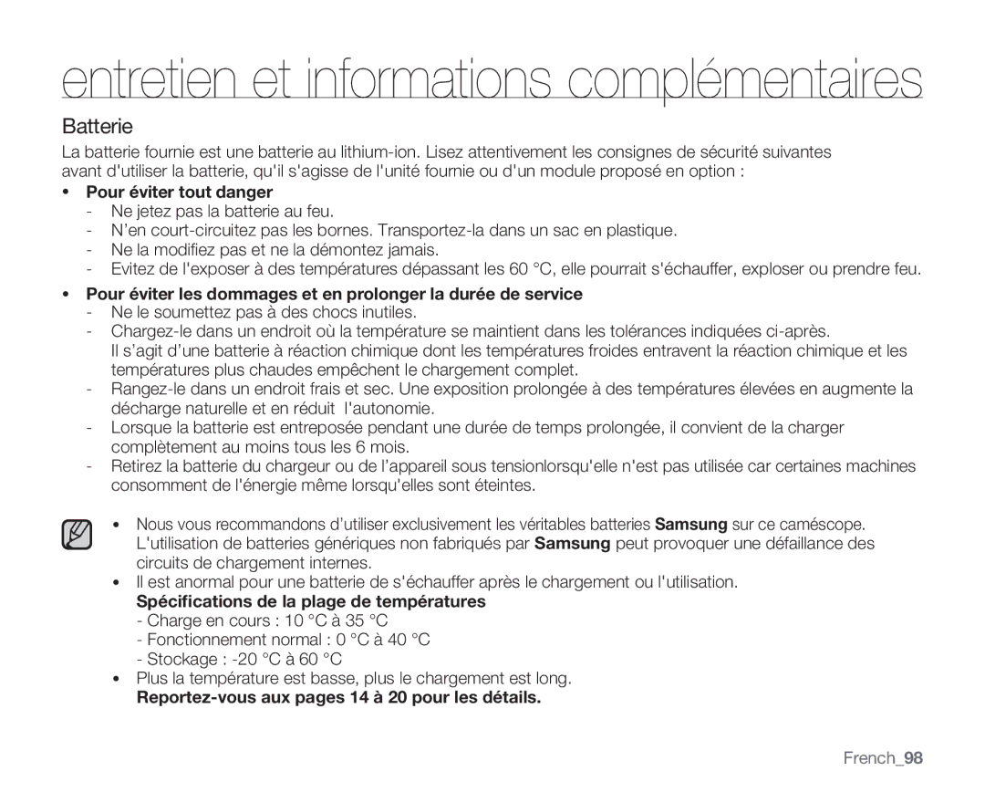 Samsung VP-MX20C/EDC, VP-MX20R/EDC Batterie, Pour éviter tout danger, Spéciﬁcations de la plage de températures, French98 