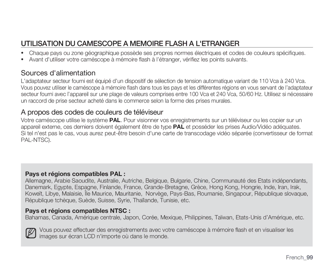 Samsung VP-MX20R/EDC, VP-MX20/EDC, VP-MX20C/EDC Utilisation DU Camescope a Memoire Flash a Letranger, Sources dalimentation 