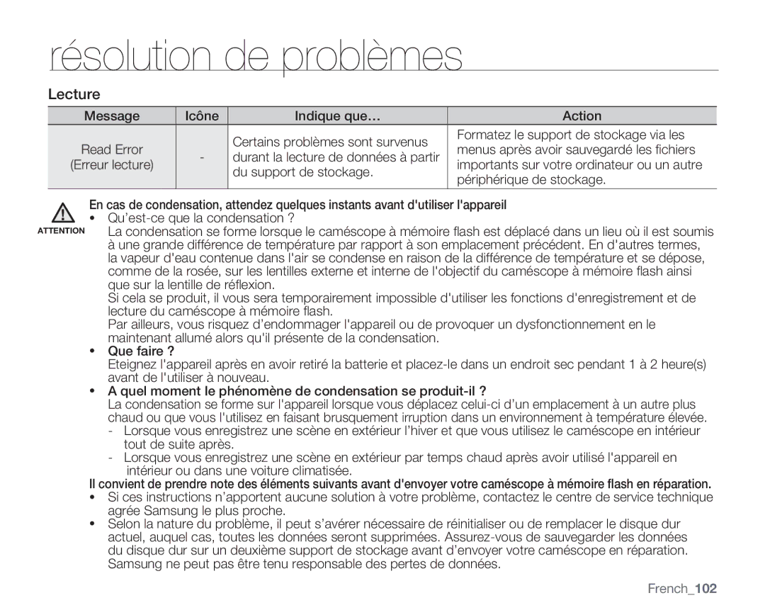 Samsung VP-MX20R/EDC, VP-MX20/EDC, VP-MX20C/EDC manual Lecture, French102 