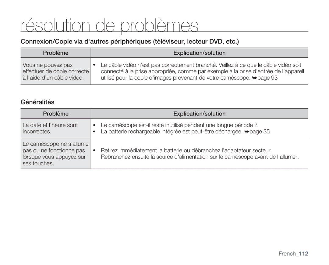 Samsung VP-MX20/EDC, VP-MX20R/EDC Généralités, Problème Explication/solution Vous ne pouvez pas, Ses touches, French112 