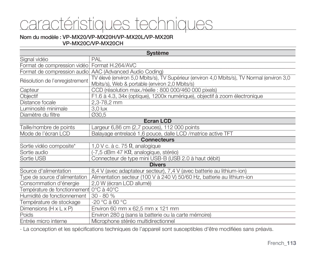 Samsung VP-MX20C/EDC, VP-MX20R/EDC, VP-MX20/EDC manual Caractéristiques techniques, French113 