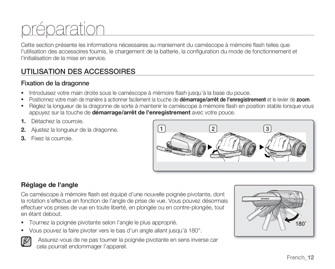 Samsung VP-MX20R/EDC, VP-MX20/EDC, VP-MX20C/EDC Préparation, Utilisation DES Accessoires, Fixation de la dragonne, French12 