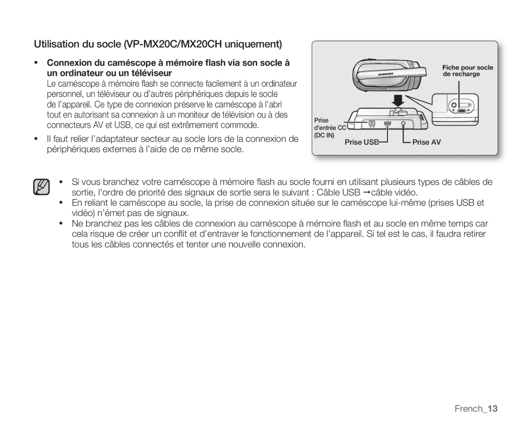 Samsung VP-MX20/EDC, VP-MX20R/EDC, VP-MX20C/EDC manual Utilisation du socle VP-MX20C/MX20CH uniquement, French13 