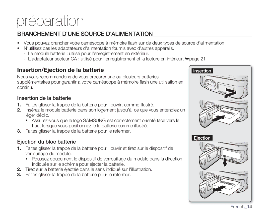 Samsung VP-MX20C/EDC Branchement D’UNE Source Dalimentation, Insertion de la batterie, Ejection du bloc batterie, French14 