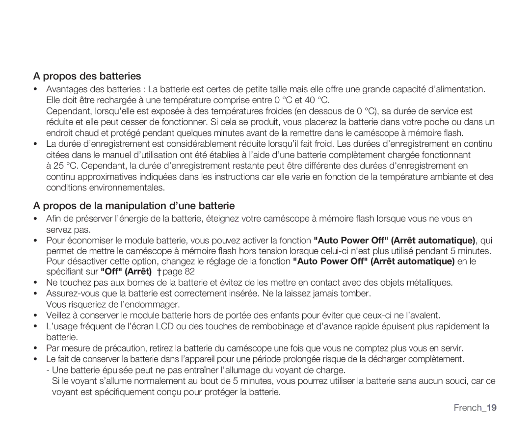 Samsung VP-MX20/EDC, VP-MX20R/EDC, VP-MX20C/EDC Propos des batteries, Propos de la manipulation d’une batterie, French19 