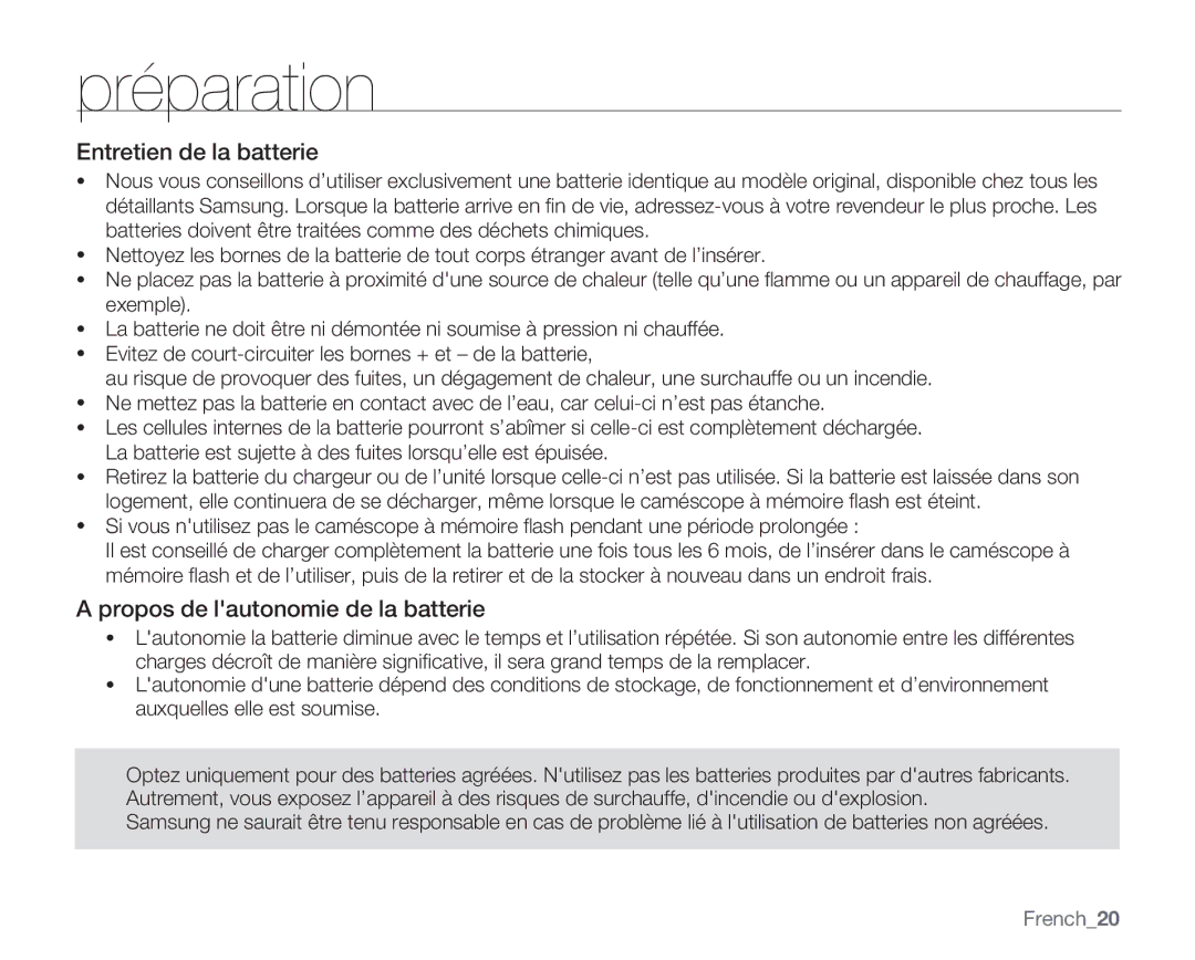 Samsung VP-MX20C/EDC, VP-MX20R/EDC, VP-MX20/EDC Entretien de la batterie, Propos de lautonomie de la batterie, French20 