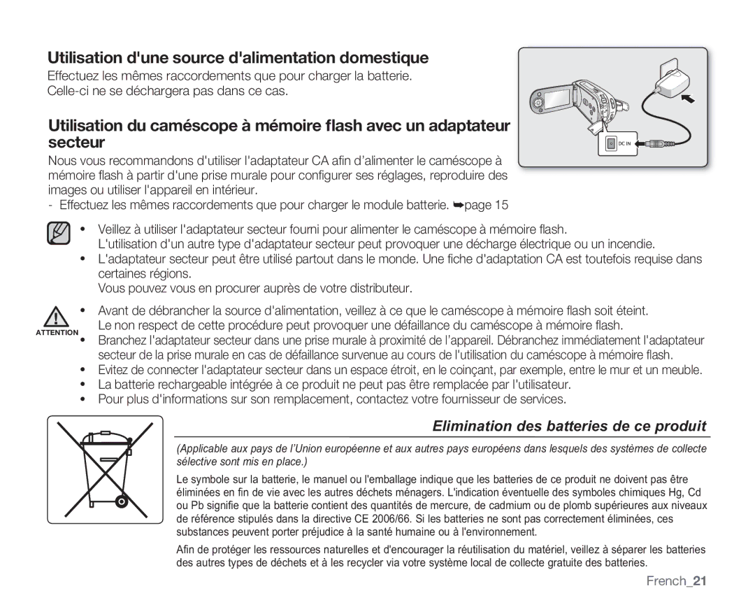 Samsung VP-MX20R/EDC, VP-MX20/EDC, VP-MX20C/EDC manual Utilisation dune source dalimentation domestique, French21 