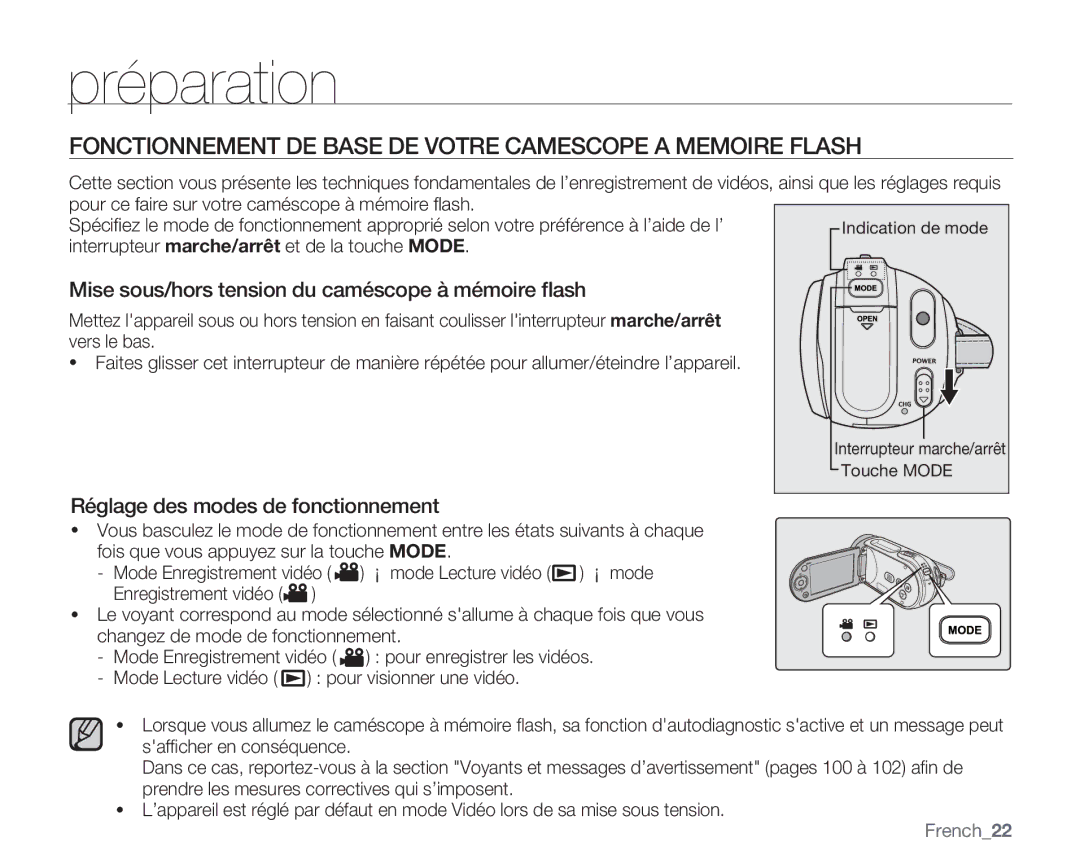 Samsung VP-MX20/EDC manual Fonctionnement DE Base DE Votre Camescope a Memoire Flash, Réglage des modes de fonctionnement 