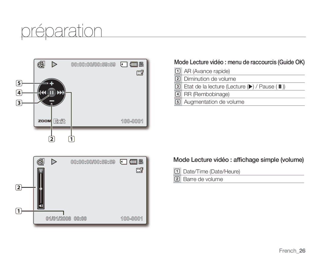 Samsung VP-MX20C/EDC manual Mode Lecture vidéo afﬁchage simple volume, Date/Time Date/Heure Barre de volume, French26 