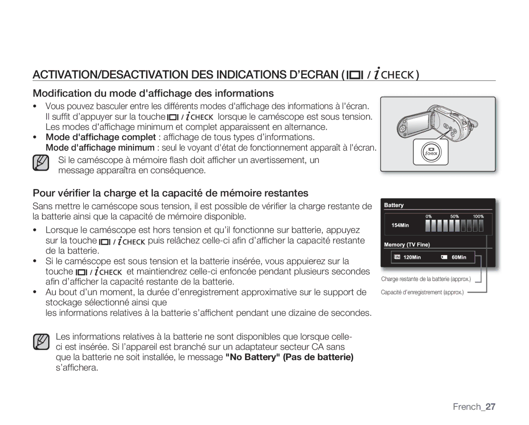 Samsung VP-MX20R/EDC ACTIVATION/DESACTIVATION DES Indications D’ECRAN, Modiﬁcation du mode dafﬁchage des informations 