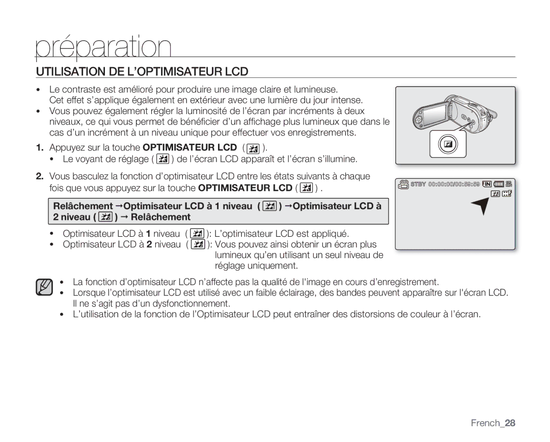 Samsung VP-MX20/EDC, VP-MX20R/EDC, VP-MX20C/EDC manual Utilisation DE L’OPTIMISATEUR LCD, French28 