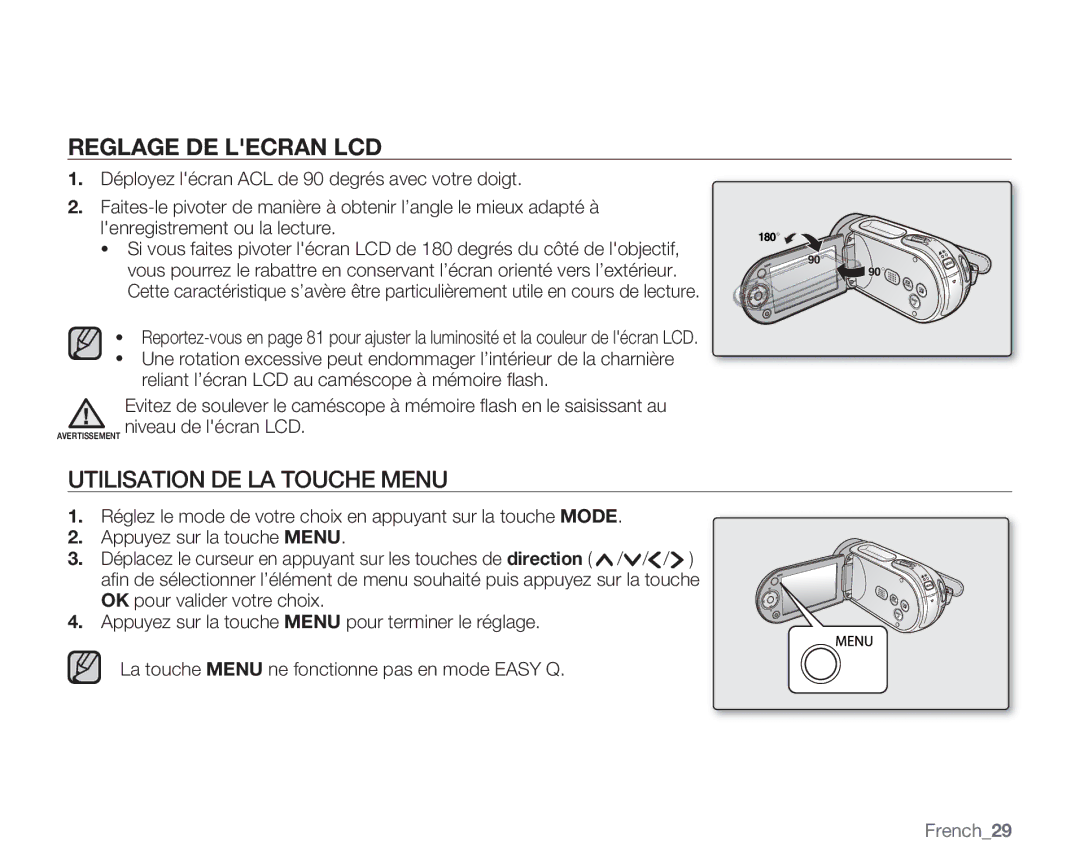 Samsung VP-MX20C/EDC, VP-MX20R/EDC, VP-MX20/EDC manual Utilisation DE LA Touche Menu, French29 