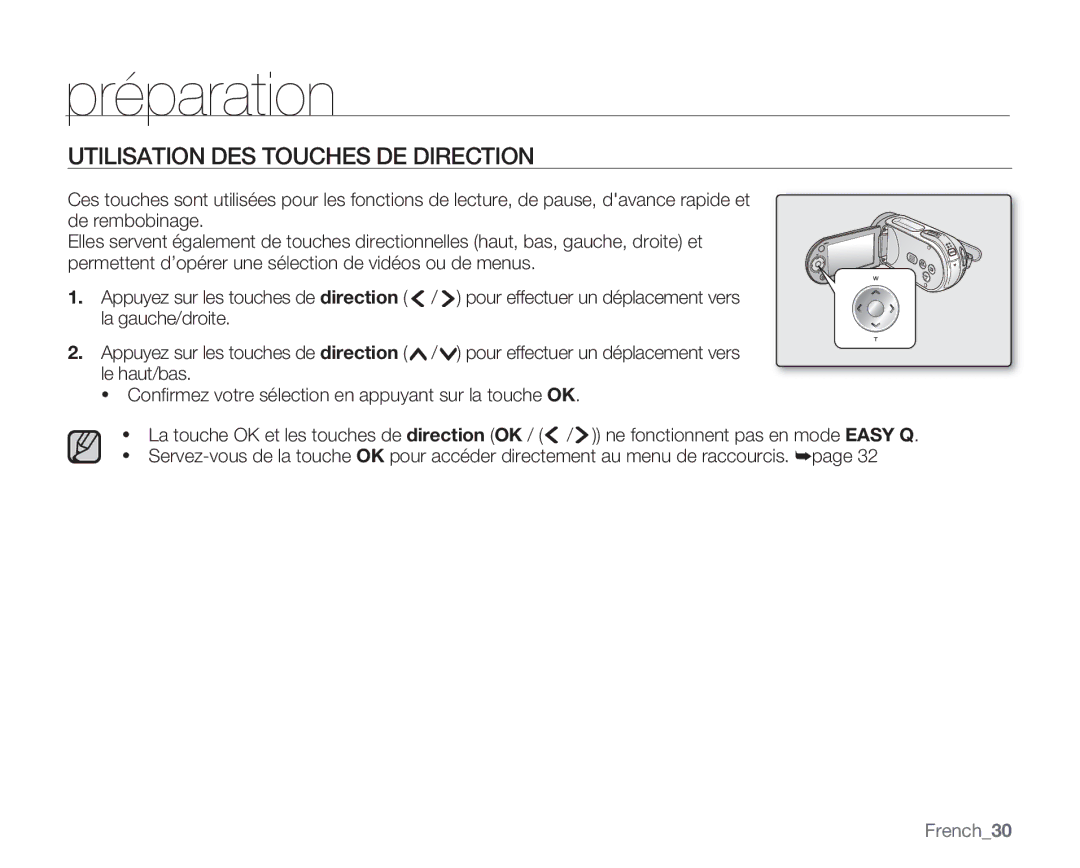 Samsung VP-MX20R/EDC, VP-MX20/EDC, VP-MX20C/EDC manual Utilisation DES Touches DE Direction, French30 