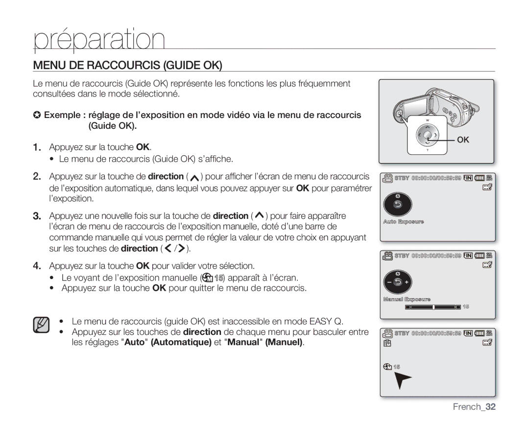 Samsung VP-MX20C/EDC, VP-MX20R/EDC, VP-MX20/EDC manual Menu DE Raccourcis Guide OK, French32 