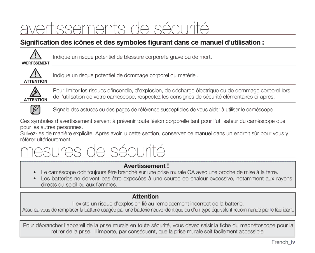 Samsung VP-MX20/EDC, VP-MX20R/EDC, VP-MX20C/EDC manual Avertissements de sécurité, Mesures de sécurité, Frenchiv 