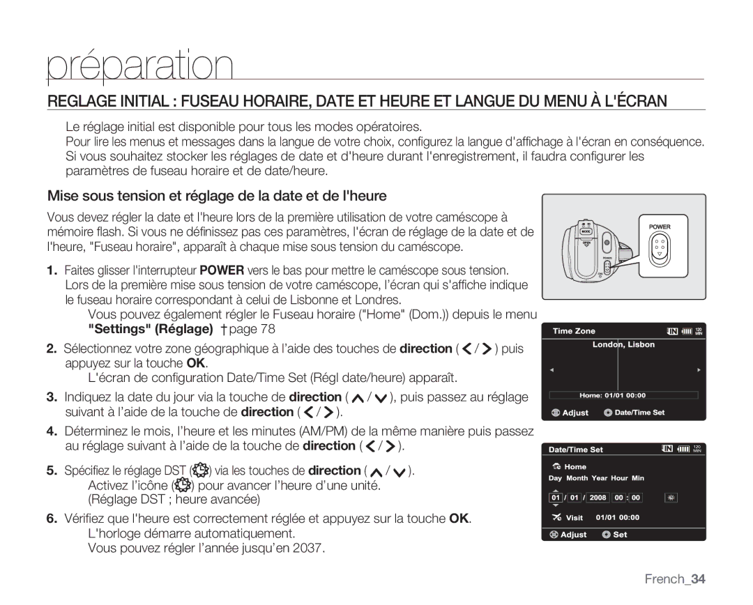 Samsung VP-MX20/EDC, VP-MX20R/EDC, VP-MX20C/EDC manual Mise sous tension et réglage de la date et de lheure, French34 