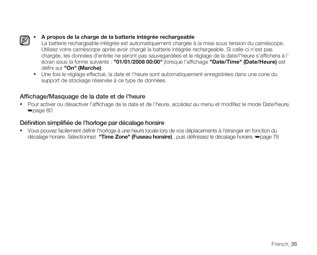 Samsung VP-MX20C/EDC manual Afﬁchage/Masquage de la date et de lheure, Déﬁnition simpliﬁée de lhorloge par décalage horaire 