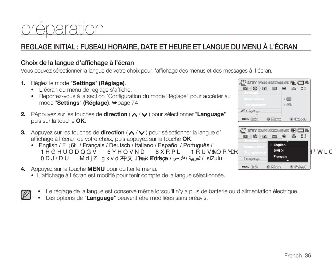 Samsung VP-MX20R/EDC, VP-MX20/EDC manual Choix de la langue dafﬁchage à l’écran, Réglez le mode Settings Réglage, French36 