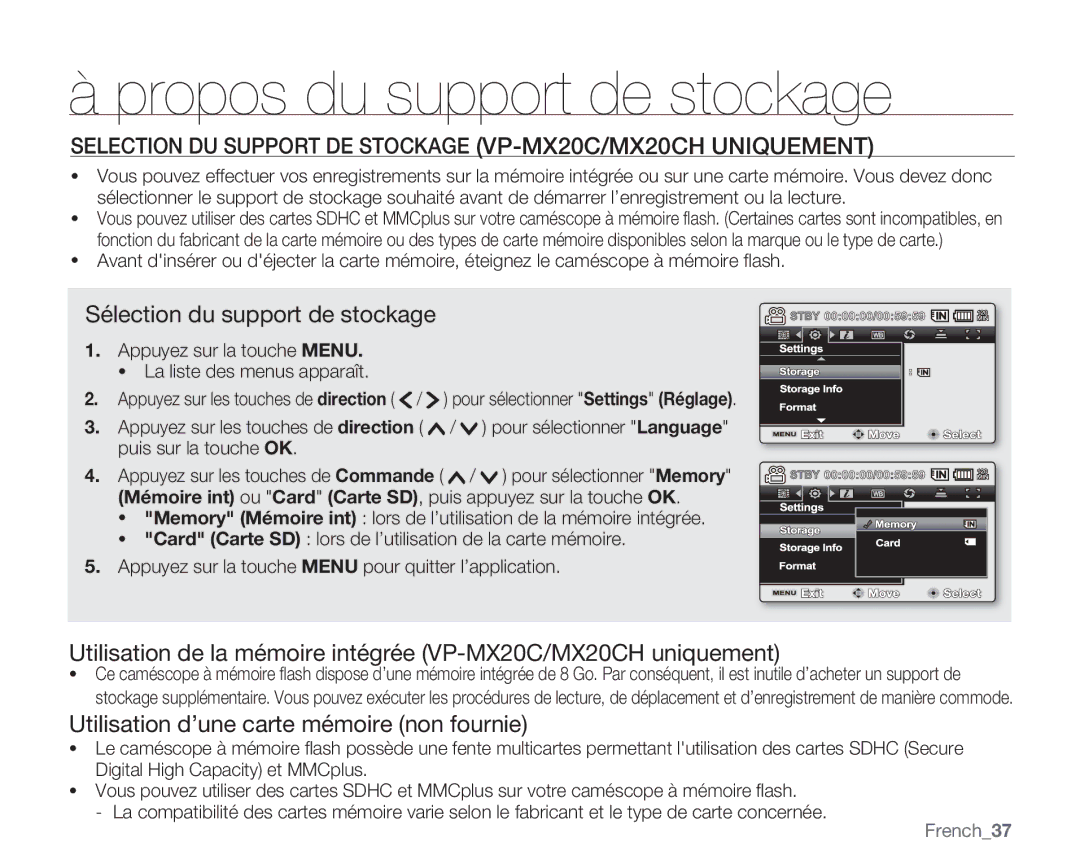 Samsung VP-MX20/EDC Propos du support de stockage, Selection DU Support DE Stockage VP-MX20C/MX20CH Uniquement, French37 