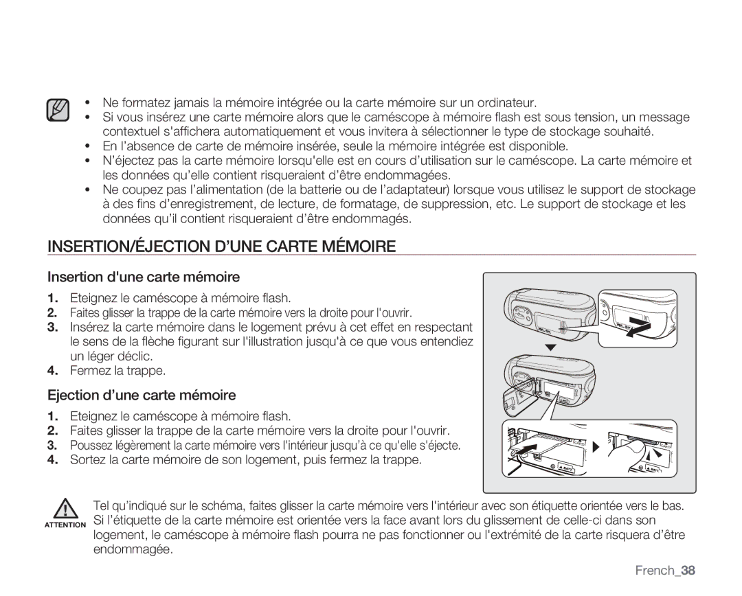 Samsung VP-MX20C/EDC INSERTION/ÉJECTION D’UNE Carte Mémoire, Insertion dune carte mémoire, Ejection d’une carte mémoire 