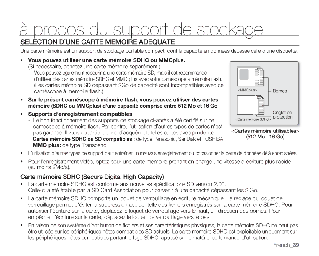 Samsung VP-MX20R/EDC, VP-MX20/EDC Selection D’UNE Carte Memoire Adequate, Carte mémoire Sdhc Secure Digital High Capacity 