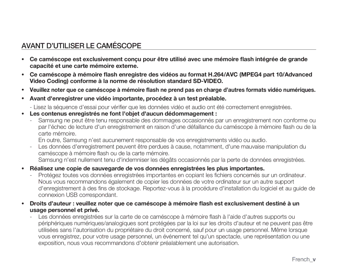 Samsung VP-MX20C/EDC, VP-MX20R/EDC, VP-MX20/EDC manual Avant D’UTILISER LE Caméscope, Frenchv 