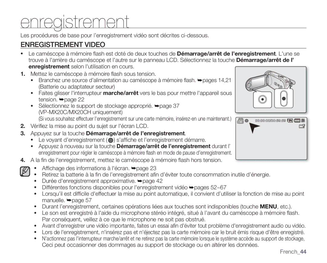 Samsung VP-MX20C/EDC, VP-MX20R/EDC Enregistrement Video, Vériﬁez la mise au point du sujet sur lécran LCD, French44 