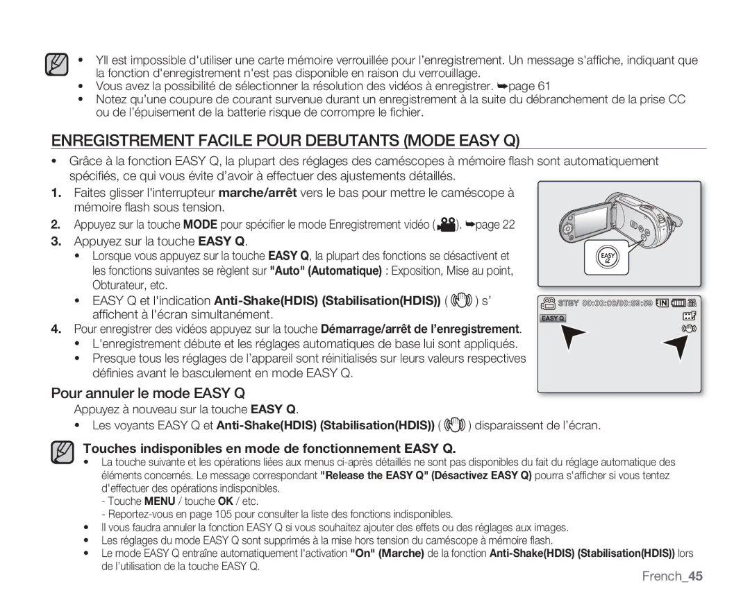 Samsung VP-MX20R/EDC, VP-MX20/EDC Enregistrement Facile Pour Debutants Mode Easy Q, Pour annuler le mode Easy Q, French45 