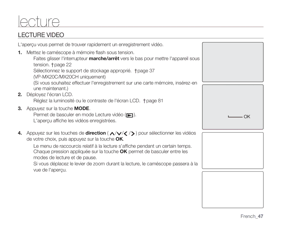 Samsung VP-MX20C/EDC, VP-MX20R/EDC, VP-MX20/EDC manual Lecture Video, French47 