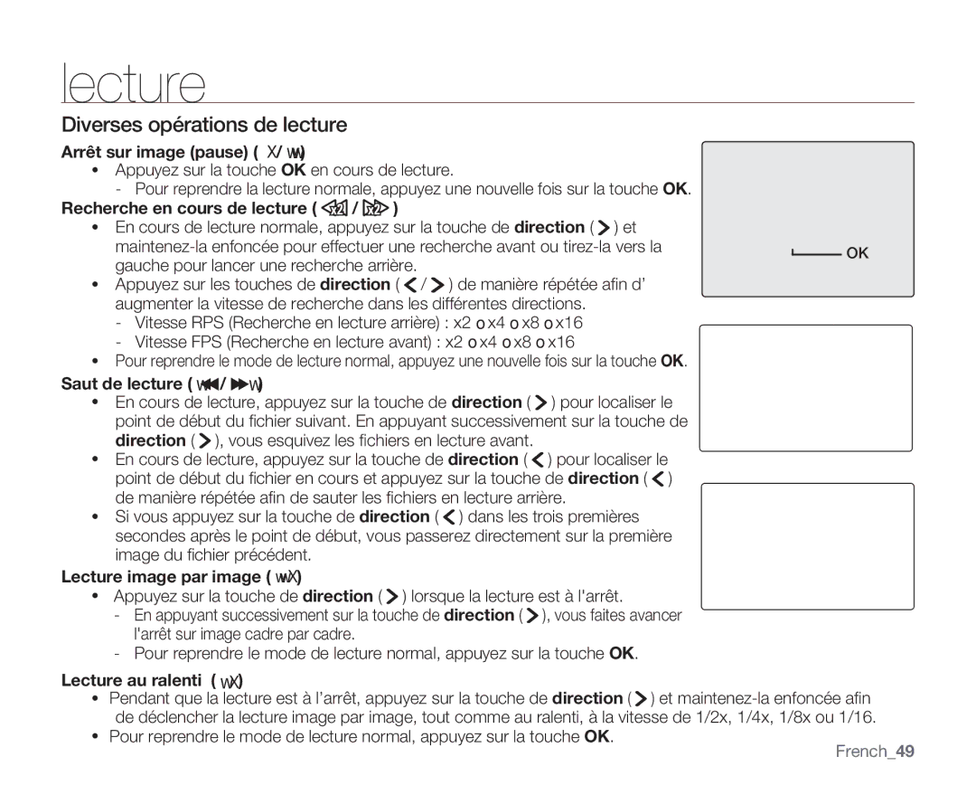 Samsung VP-MX20/EDC, VP-MX20R/EDC manual Diverses opérations de lecture, Arrêt sur image pause X/ ZZ, Saut de lecture Z / Z 