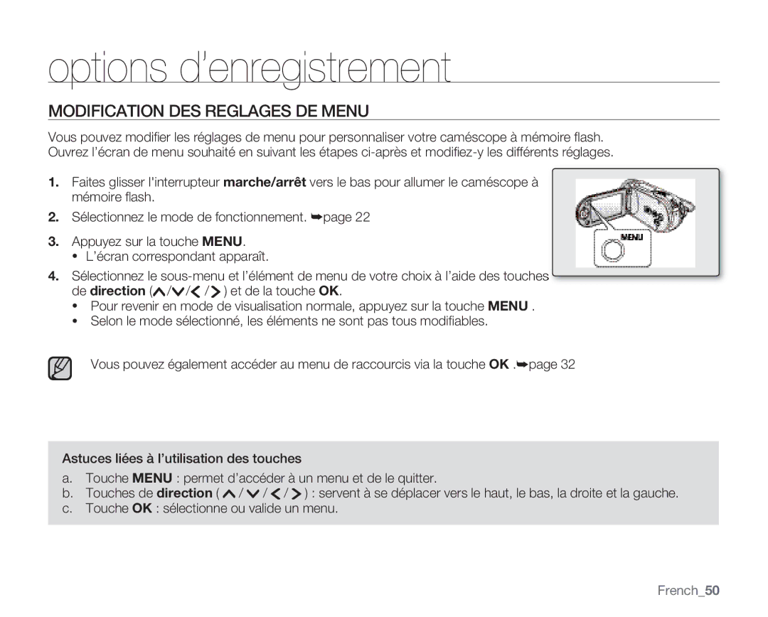 Samsung VP-MX20C/EDC, VP-MX20R/EDC, VP-MX20/EDC manual Options d’enregistrement, Modification DES Reglages DE Menu, French50 