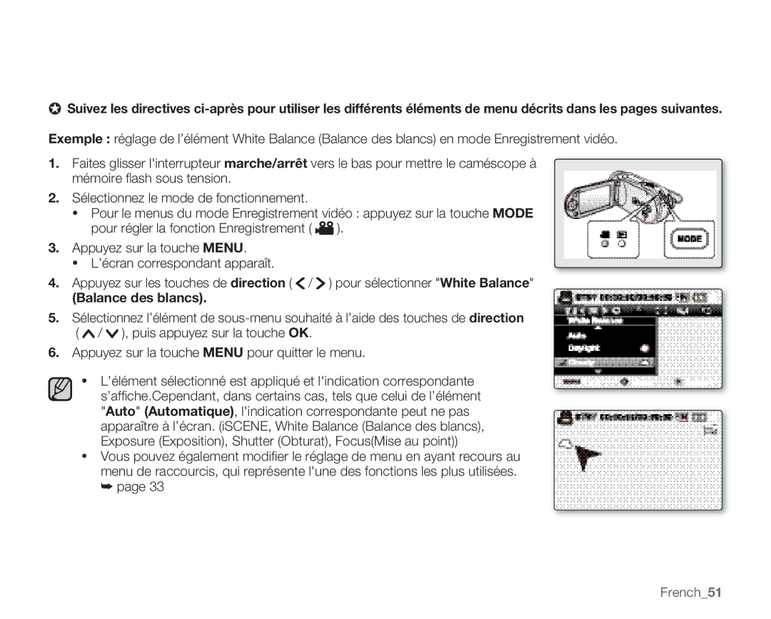 Samsung VP-MX20R/EDC, VP-MX20/EDC, VP-MX20C/EDC manual Balance des blancs, French51 