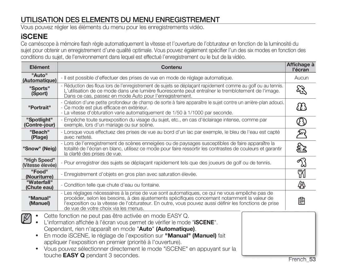 Samsung VP-MX20C/EDC, VP-MX20R/EDC, VP-MX20/EDC manual Utilisation DES Elements DU Menu Enregistrement, French53 