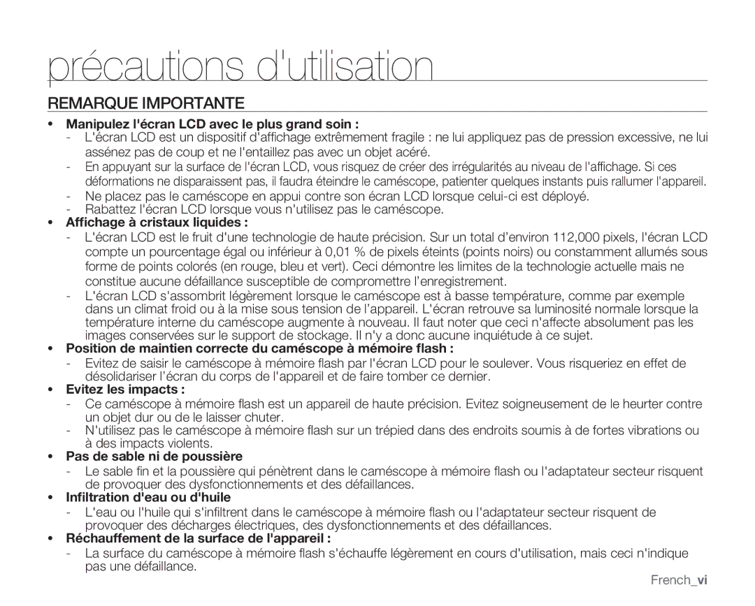 Samsung VP-MX20R/EDC, VP-MX20/EDC, VP-MX20C/EDC manual Précautions dutilisation, Remarque Importante 