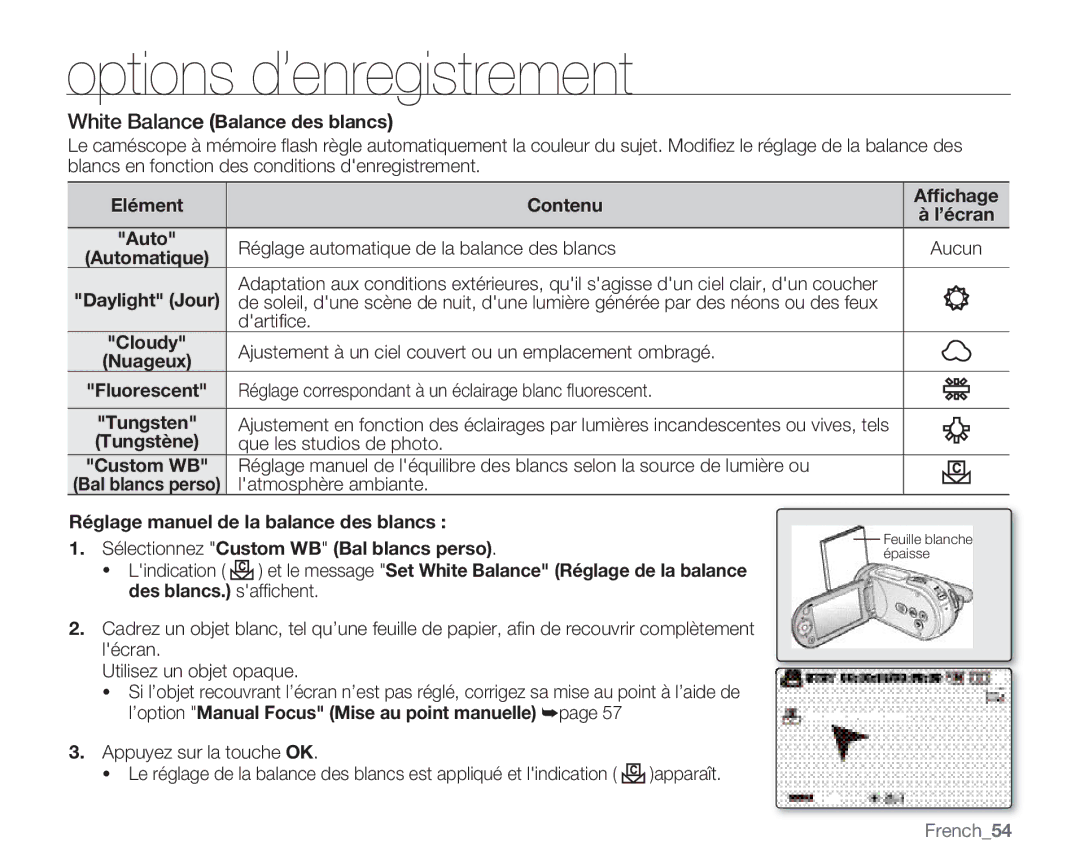 Samsung VP-MX20R/EDC manual White Balance Balance des blancs, Elément Contenu Afﬁchage, Dartiﬁce, Que les studios de photo 