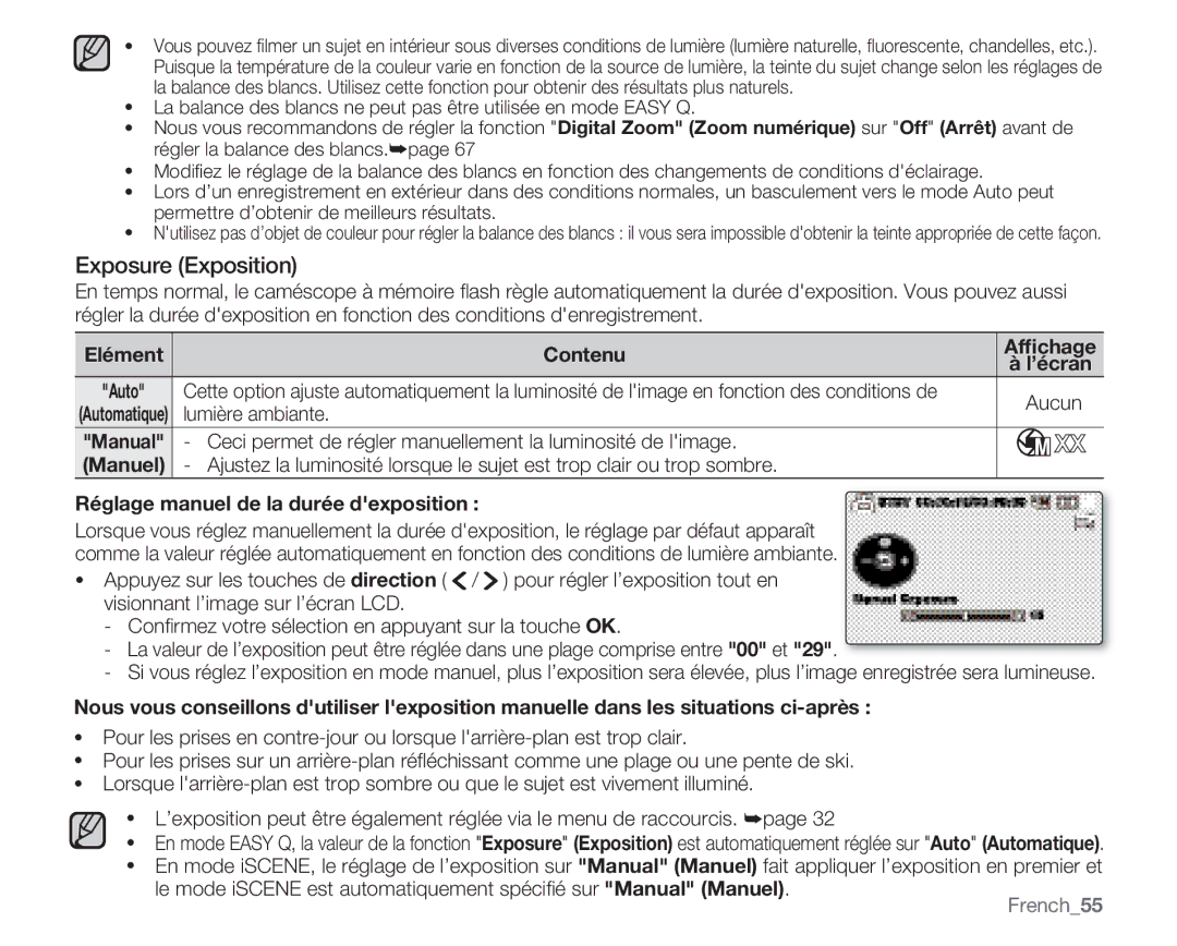 Samsung VP-MX20/EDC, VP-MX20R/EDC Exposure Exposition, Elément Contenu, Réglage manuel de la durée dexposition, French55 