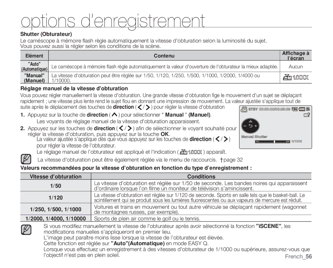 Samsung VP-MX20C/EDC, VP-MX20R/EDC, VP-MX20/EDC manual Pour régler la vitesse de lobturateur, Shutter Obturateur 