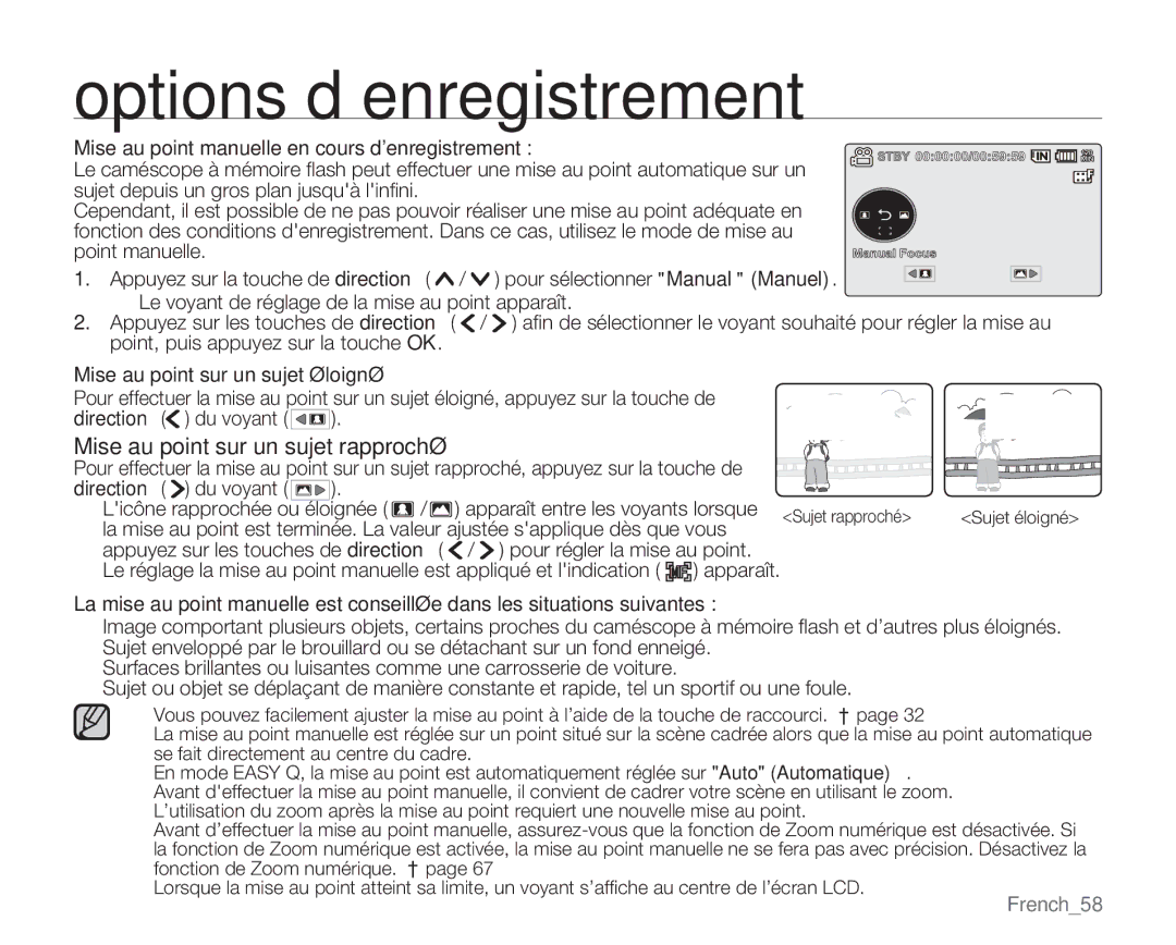 Samsung VP-MX20/EDC manual Mise au point manuelle en cours denregistrement, Mise au point sur un sujet éloigné, French58 