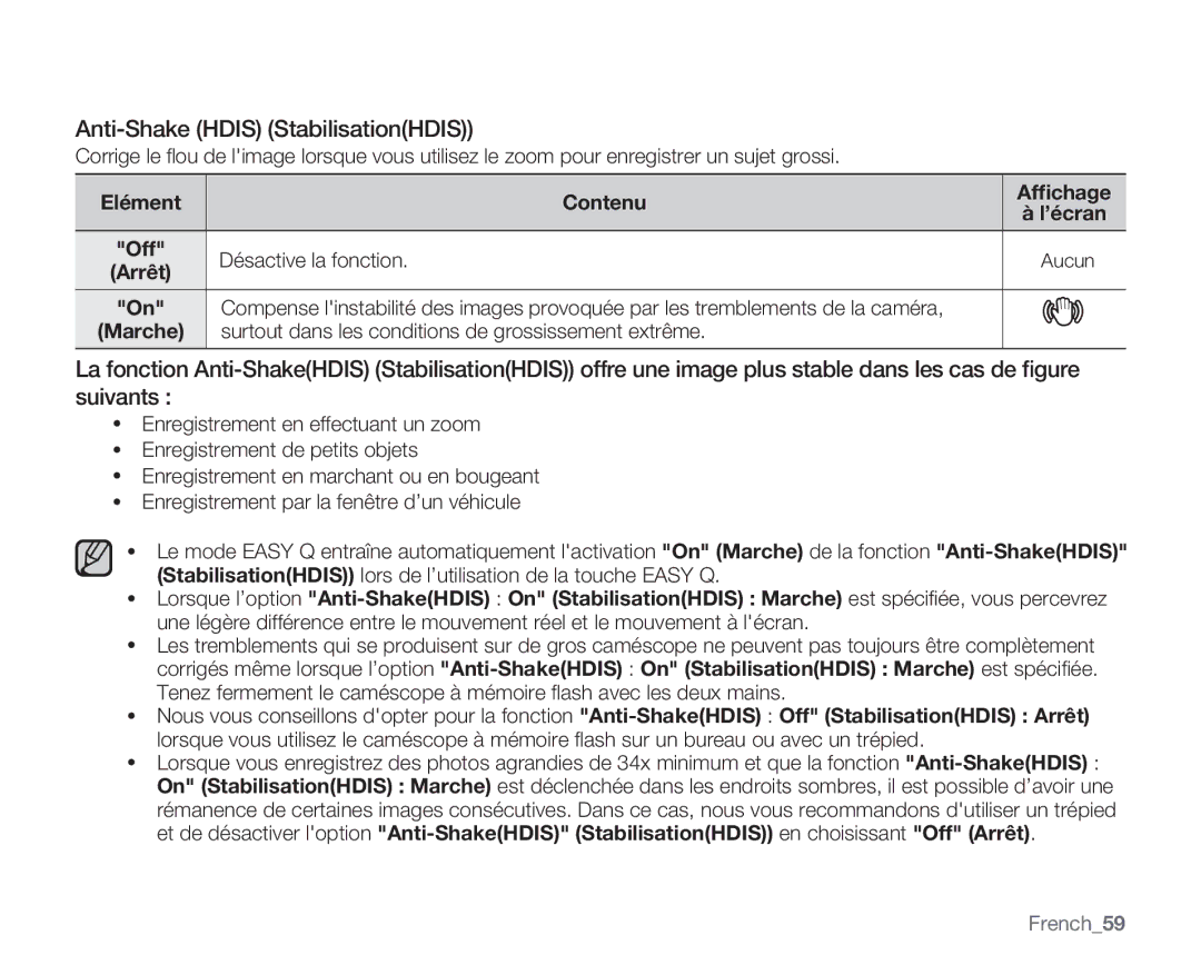 Samsung VP-MX20C/EDC, VP-MX20R/EDC, VP-MX20/EDC manual Anti-Shake Hdis StabilisationHDIS, Désactive la fonction, French59 