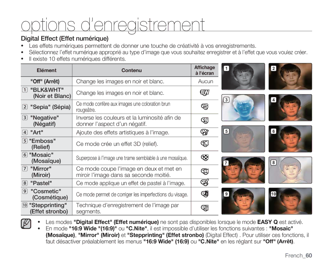 Samsung VP-MX20R/EDC manual Digital Effect Effet numérique, Il existe 10 effets numériques différents, Off Arrêt, French60 