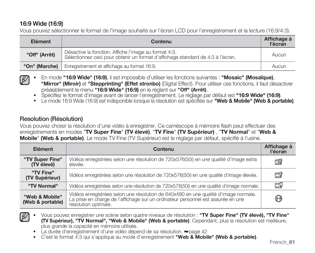 Samsung VP-MX20/EDC, VP-MX20R/EDC, VP-MX20C/EDC manual Resolution Résolution, French61 