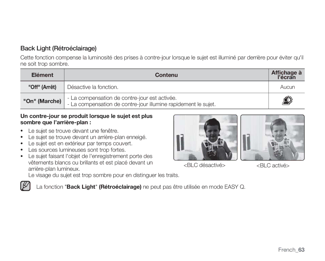 Samsung VP-MX20R/EDC, VP-MX20/EDC manual Back Light Rétroéclairage, Désactive la fonction, Arrière-plan lumineux, French63 