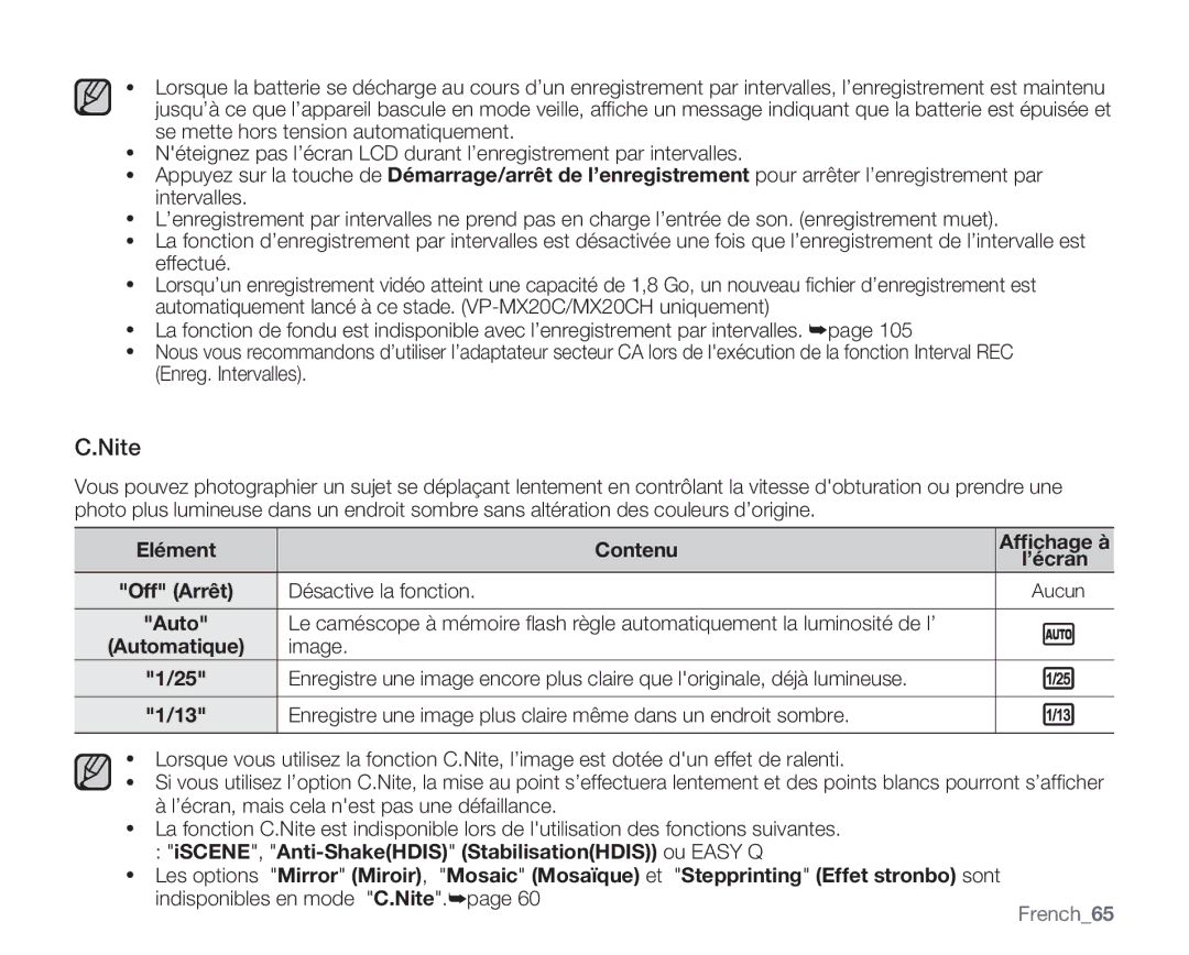 Samsung VP-MX20C/EDC, VP-MX20R/EDC, VP-MX20/EDC manual Nite, French65 