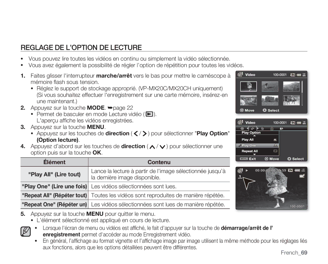 Samsung VP-MX20R/EDC, VP-MX20/EDC Reglage DE L’OPTION DE Lecture, Option lecture, La dernière image disponible, French69 