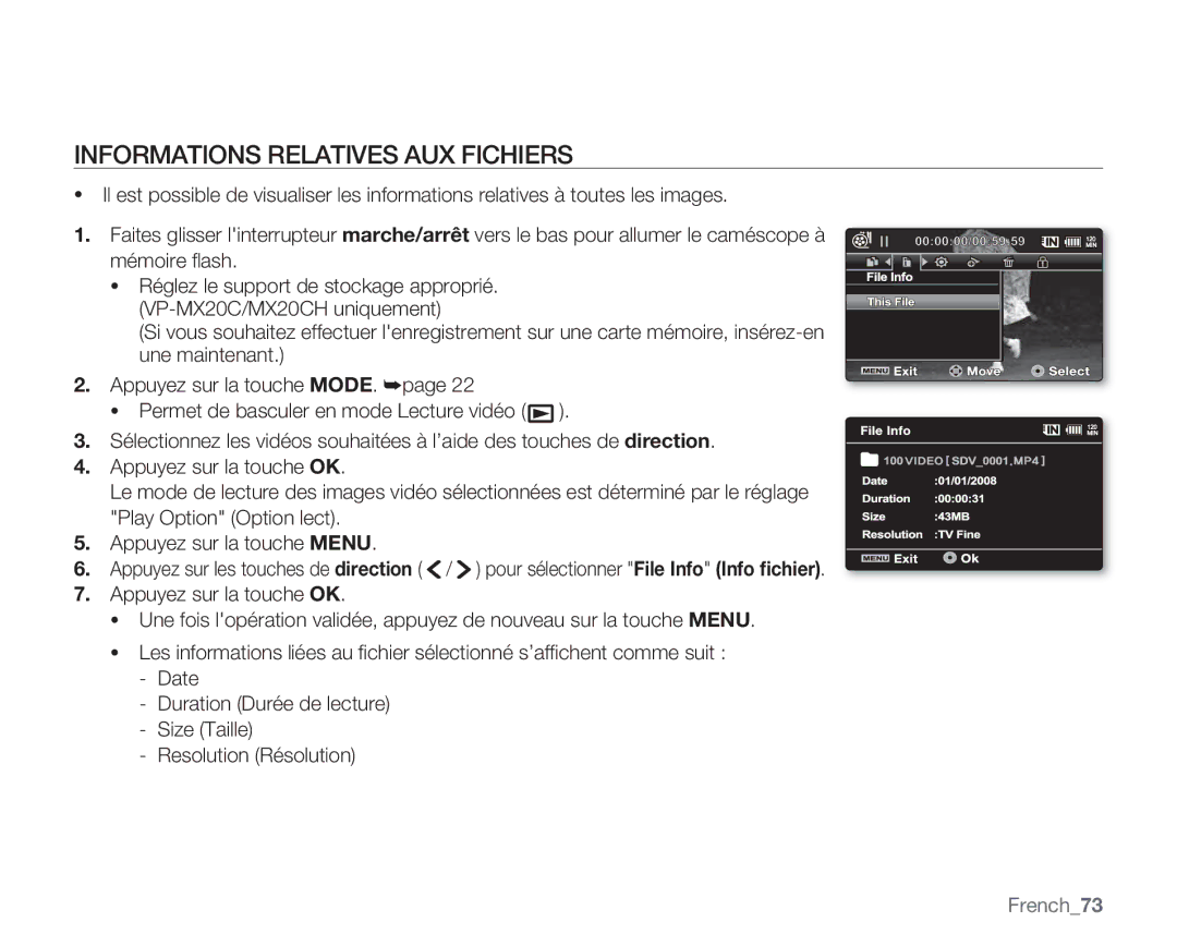 Samsung VP-MX20/EDC, VP-MX20R/EDC, VP-MX20C/EDC manual Informations Relatives AUX Fichiers, French73 